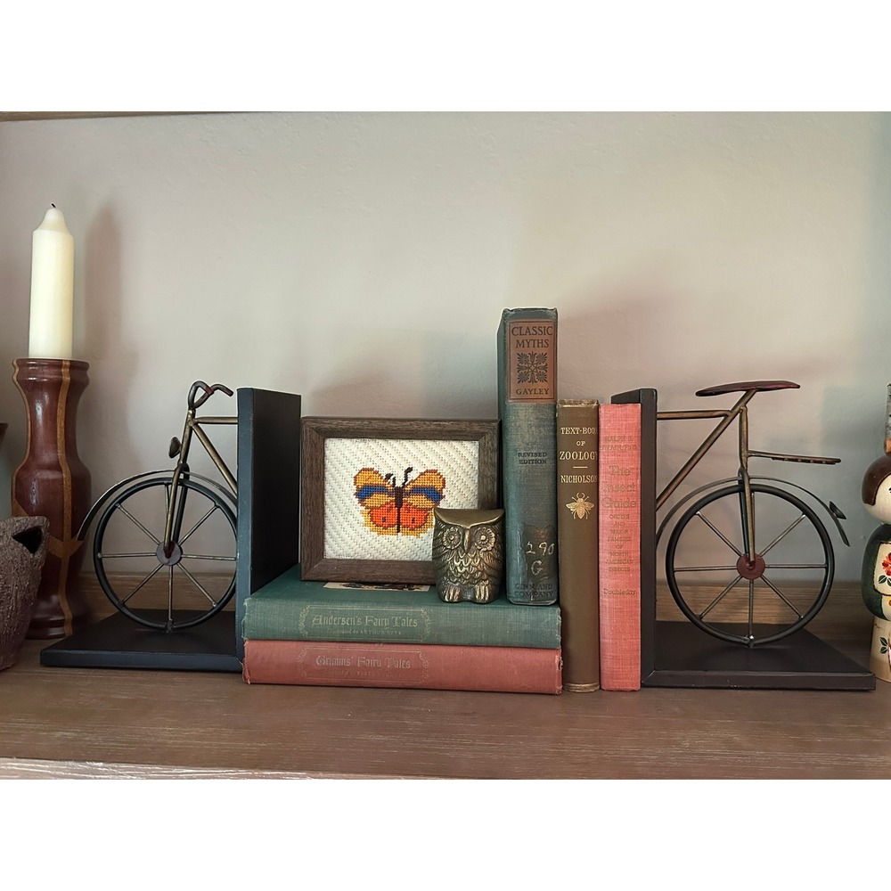 Vintage Industrial Metal Bicycle Bookends Rustic Bronze Red Cycling Decor Set - Picture 2 of 10